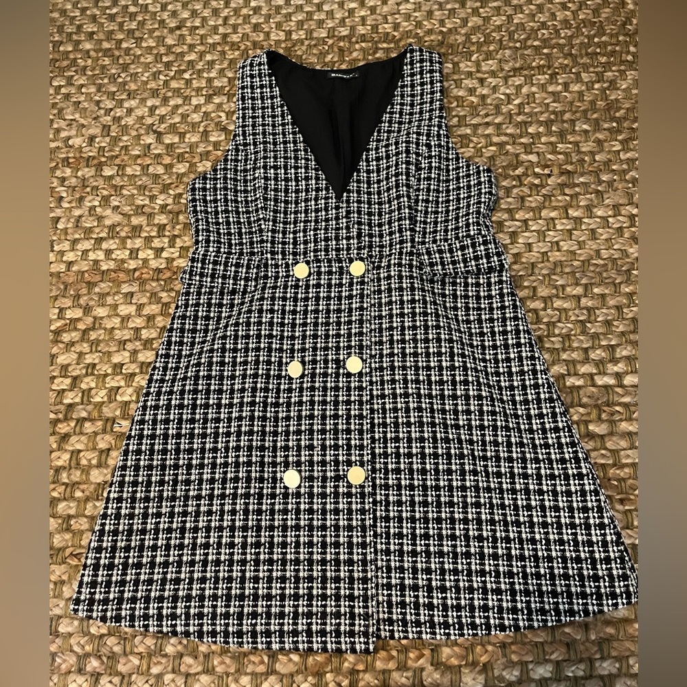 Allegra K Black/White Tweed Dress with Gold Button Detail